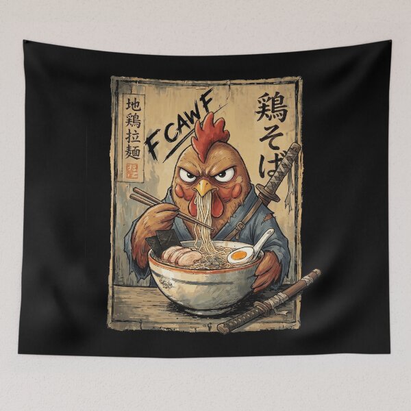 Item preview, Samurai Chicken Eating Ramen - F Caw F Rooster Japanese Warrior Art designed and sold by Bongocomic.