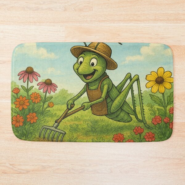 Item preview, Cheerful grasshopper with rake and straw hat gardening designed and sold by Mauswohn.