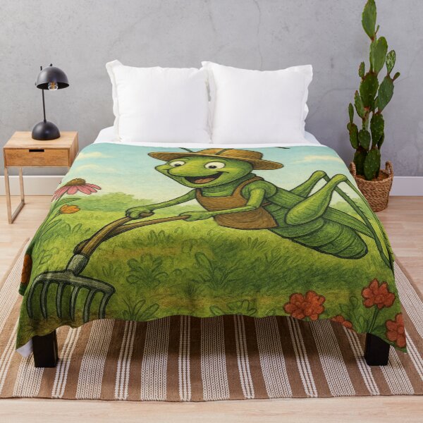 Item preview, Cheerful grasshopper with rake and straw hat gardening designed and sold by Mauswohn.