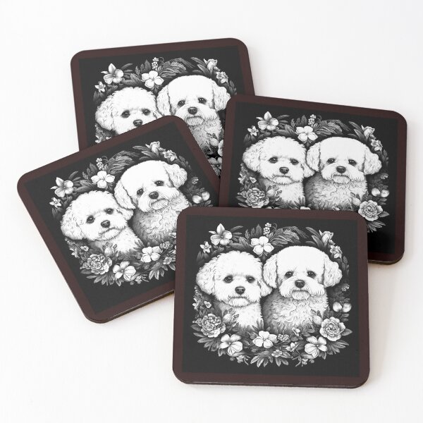 Item preview, Floral White Poodle Pair Black and White Dog Illustration designed and sold by inkoutninja.