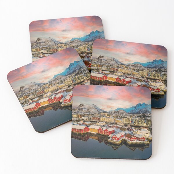 Item preview, Lofoten panorama with red fishermen's huts on the fjord at sunset designed and sold by Mauswohn.