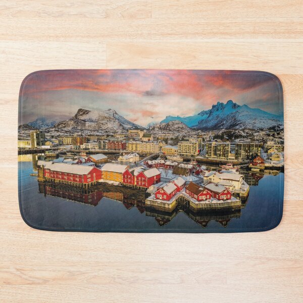 Item preview, Lofoten panorama with red fishermen's huts on the fjord at sunset designed and sold by Mauswohn.