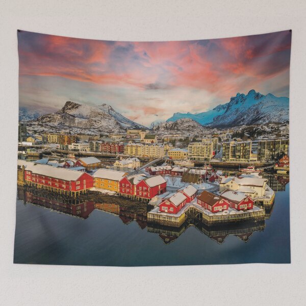 Item preview, Lofoten panorama with red fishermen's huts on the fjord at sunset designed and sold by Mauswohn.