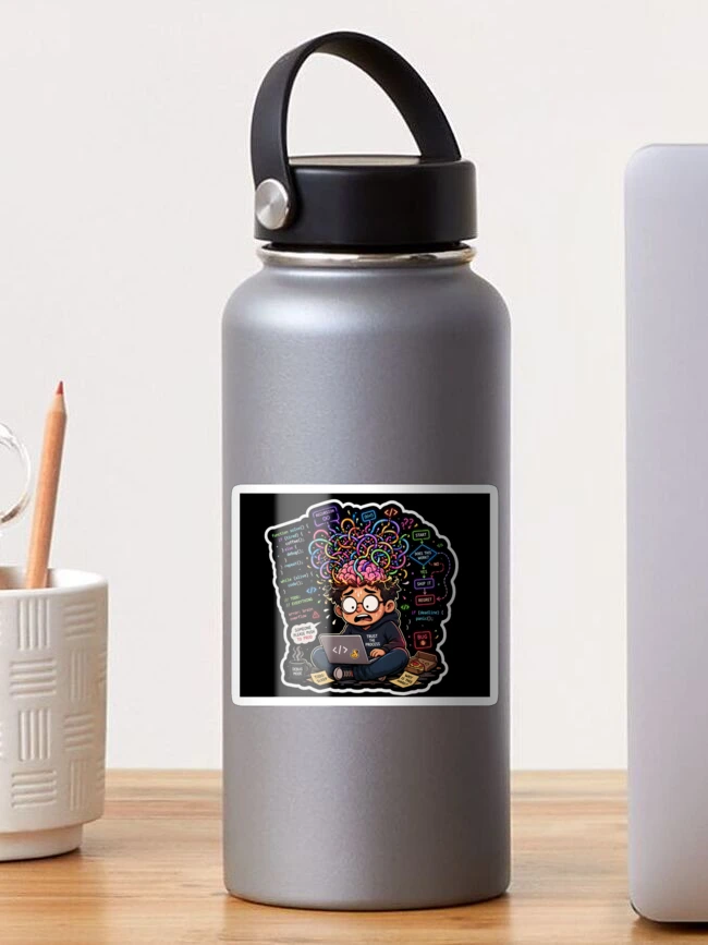 Thumbnail 1 of 3, Sticker, Brain Overflow: Debugging My Existence designed and sold by CodingPrintHub.