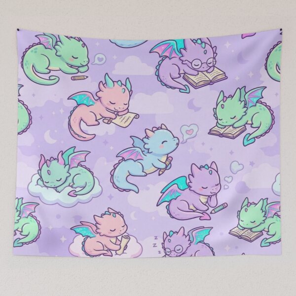 Item preview, Cute Kawaii Sleepy Dragons & Magic Books Pastel Fantasy Pattern designed and sold by InnerwayStudio.