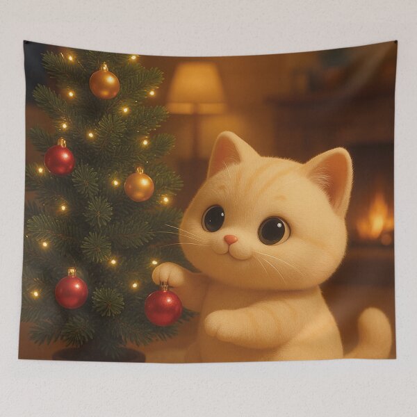 Item preview, Cute orange cat decorates Christmas tree with red baubles designed and sold by Mauswohn.