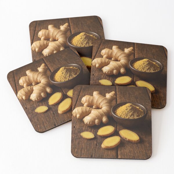 Item preview, Fresh Ginger Root with Slices and Powder in Small Bowl on Wooden Surface designed and sold by EmeraldeaArt.