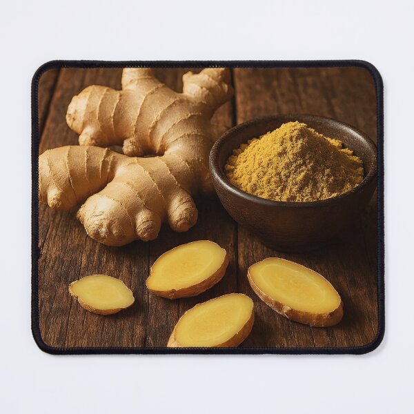 Item preview, Fresh Ginger Root with Slices and Powder in Small Bowl on Wooden Surface designed and sold by EmeraldeaArt.
