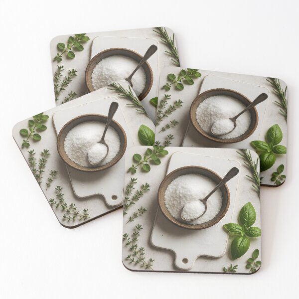 Item preview, White Salt Crystals in Dark Bowl with Herbs – Rustic Culinary Top View designed and sold by EmeraldeaArt.