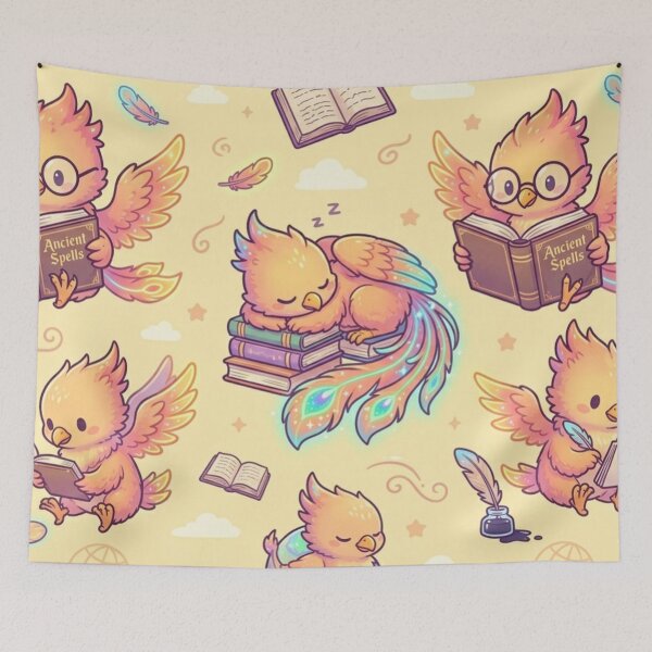 Item preview, Cute Kawaii Phoenix Nerd Scholar Reading Magic Books Pattern designed and sold by InnerwayStudio.