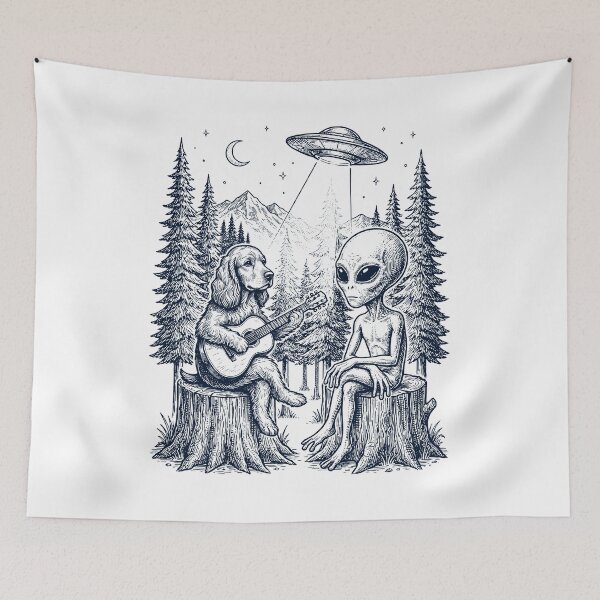 Item preview, Vintage Cocker Spaniel Playing Guitar With Alien And UFO Dog Lover designed and sold by DoodleTortle.