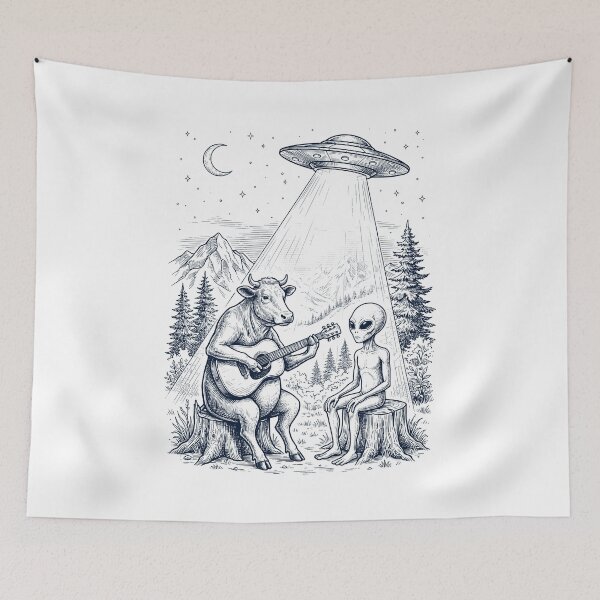 Item preview, Vintage Cow Playing Guitar With Alien And UFO Animal Lover designed and sold by DoodleTortle.