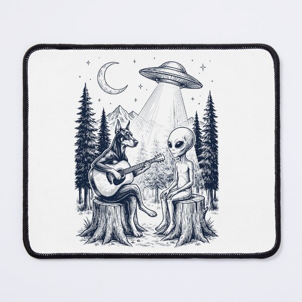 Item preview, Vintage Doberman Pinscher Playing Guitar With Alien And UFO Dog Lover designed and sold by DoodleTortle.
