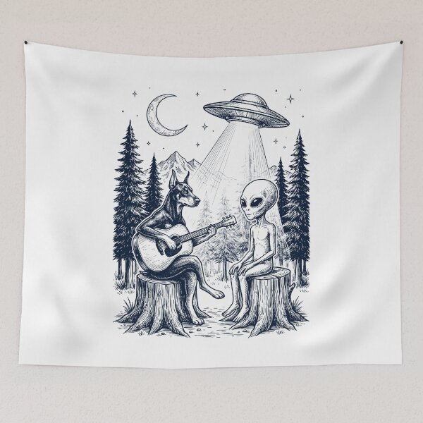 Item preview, Vintage Doberman Pinscher Playing Guitar With Alien And UFO Dog Lover designed and sold by DoodleTortle.