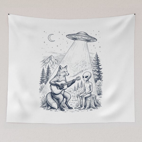 Item preview, Vintage Fox Playing Guitar With Alien And UFO Animal Lover designed and sold by DoodleTortle.