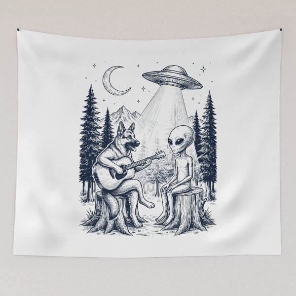 Aperçu de l'œuvre Berger allemand vintage jouant de la guitare avec un amoureux des chiens extraterrestres et des OVNI créée et vendue par DoodleTortle.
