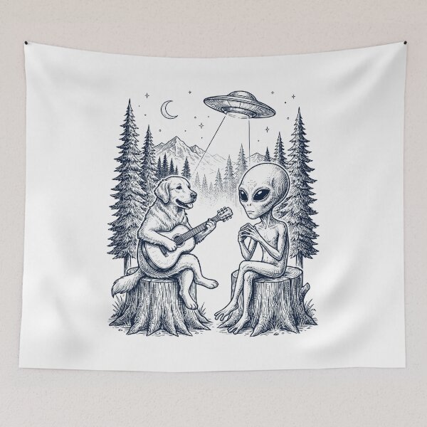 Item preview, Vintage Golden Retriever Playing Guitar With Alien And UFO Dog Lover designed and sold by DoodleTortle.
