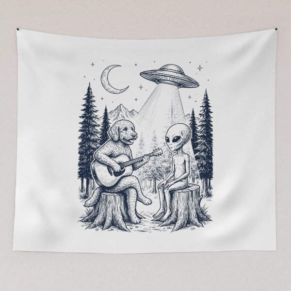 Item preview, Vintage Goldendoodle Playing Guitar With Alien And UFO Dog Lover designed and sold by DoodleTortle.