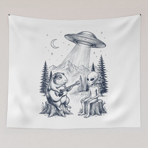 Item preview, Vintage Guinea Pig Playing Guitar With Alien And UFO Animal Lover designed and sold by DoodleTortle.
