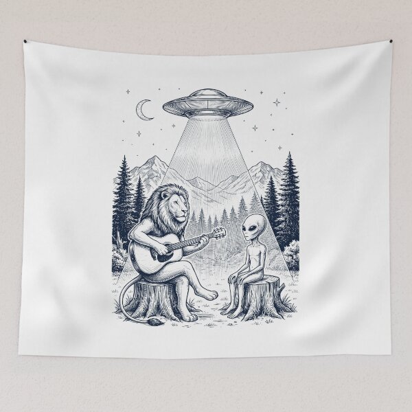 Item preview, Vintage Lion Playing Guitar With Alien And UFO Animal Lover designed and sold by DoodleTortle.