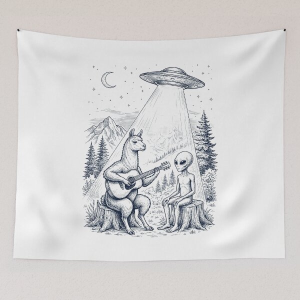 Item preview, Vintage Llama Playing Guitar With Alien And UFO Animal Lover designed and sold by DoodleTortle.