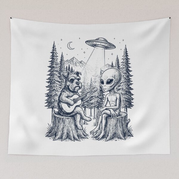 Item preview, Vintage Miniature Schnauzer Playing Guitar With Alien And UFO Dog Lover designed and sold by DoodleTortle.