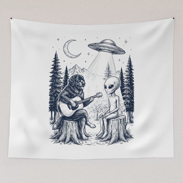 Item preview, Vintage Newfoundland Playing Guitar With Alien And UFO Dog Lover designed and sold by DoodleTortle.