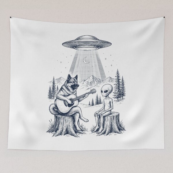 Item preview, Vintage Norwegian Elkhound Playing Guitar With Alien And UFO Dog Lover designed and sold by DoodleTortle.