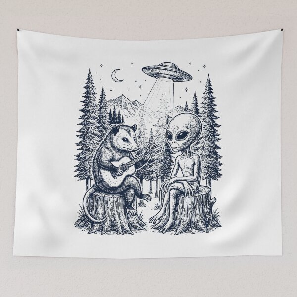 Item preview, Vintage Opossum Playing Guitar With Alien And UFO Animal Lover designed and sold by DoodleTortle.