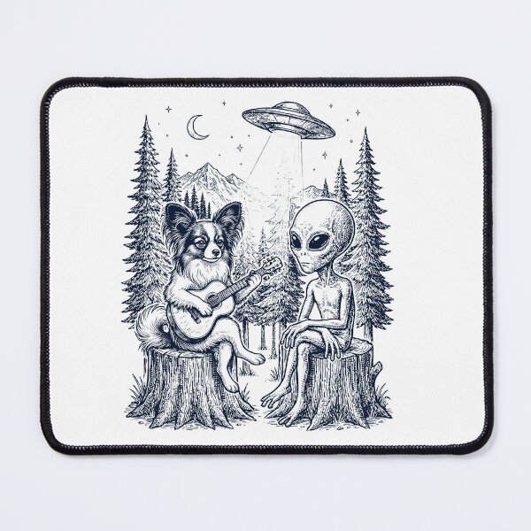 Item preview, Vintage Papillon Playing Guitar With Alien And UFO Dog Lover designed and sold by DoodleTortle.