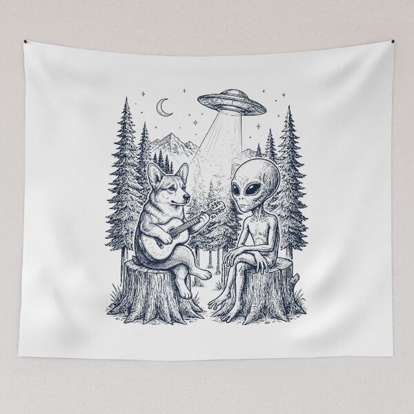 Item preview, Vintage Pembroke Welsh Corgi Playing Guitar With Alien And UFO Dog Lover designed and sold by DoodleTortle.