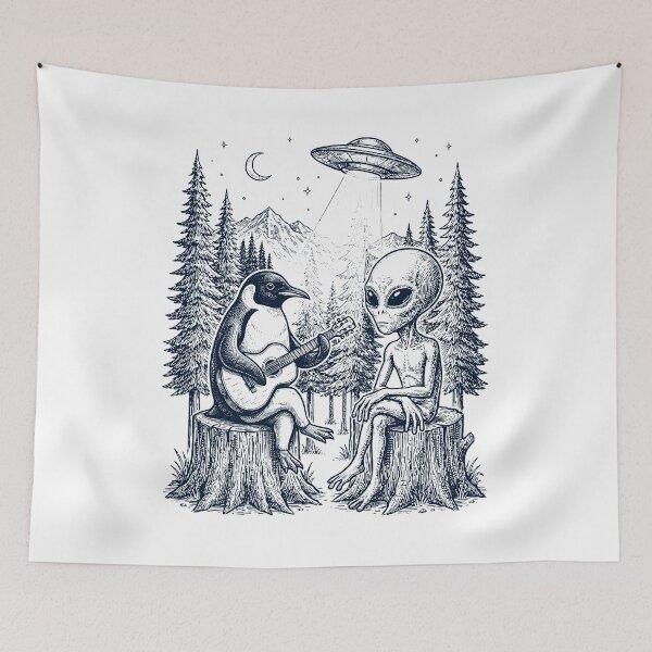 Item preview, Vintage Penguin Playing Guitar With Alien And UFO Animal Lover designed and sold by DoodleTortle.