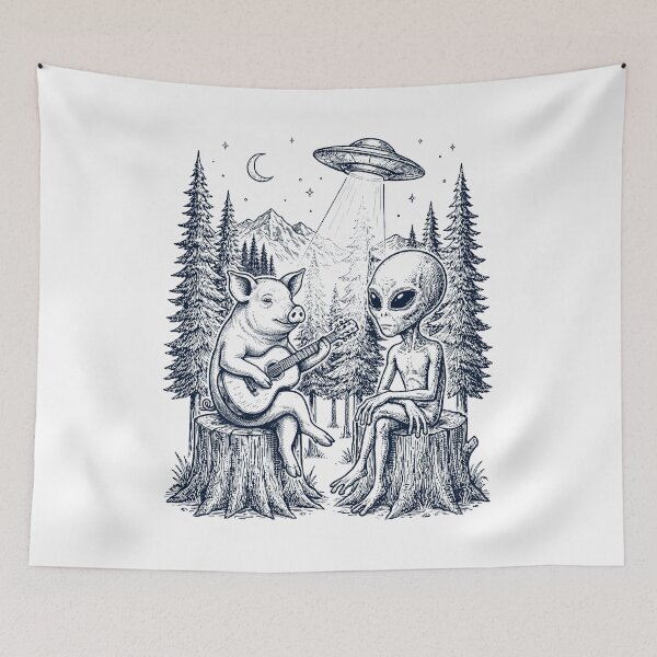 Item preview, Vintage Pig Playing Guitar With Alien And UFO Animal Lover designed and sold by DoodleTortle.