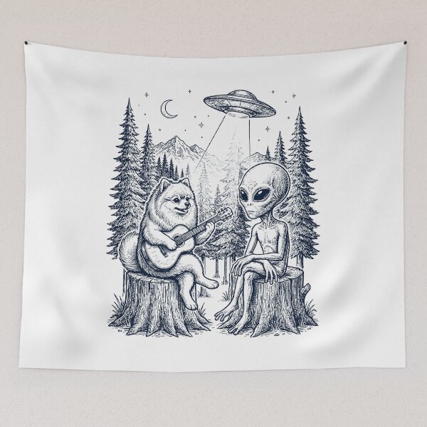Item preview, Vintage Pomeranian Playing Guitar With Alien And UFO Dog Lover designed and sold by DoodleTortle.