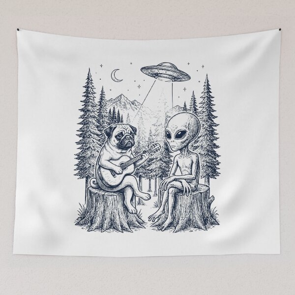 Item preview, Vintage Pug Playing Guitar With Alien And UFO Dog Lover designed and sold by DoodleTortle.