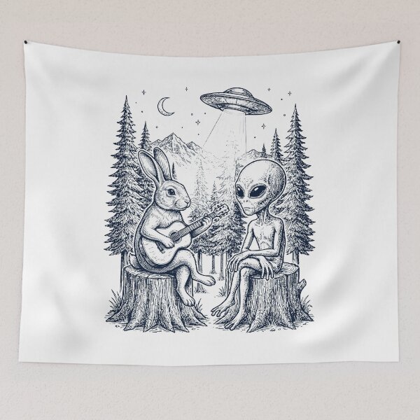 Item preview, Vintage Rabbit Playing Guitar With Alien And UFO Animal Lover designed and sold by DoodleTortle.