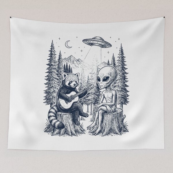 Item preview, Vintage Red Panda Playing Guitar With Alien And UFO Animal Lover designed and sold by DoodleTortle.