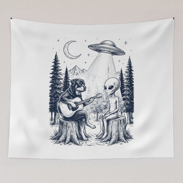 Item preview, Vintage Rottweiler Playing Guitar With Alien And UFO Dog Lover designed and sold by DoodleTortle.