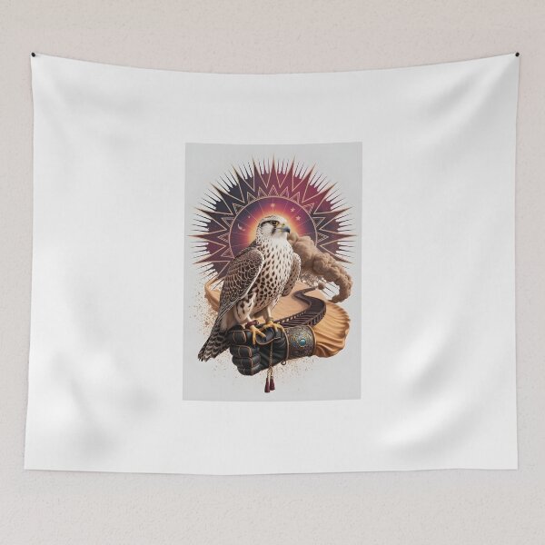 Item preview, Saker Falcon on Falconry Glove - Arabian Celestial Mandala - Dark Moody Desert Bird Art designed and sold by GoldenVerseArt.