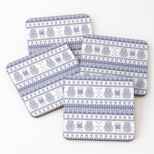 Item preview, Seamless Tribal Owl Pattern with Ornamental Geometric Elements in Blue and White designed and sold by Tarathai.