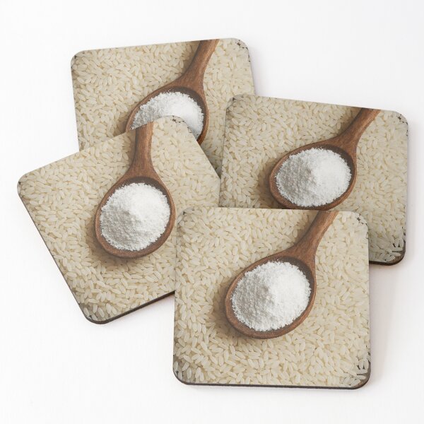 Item preview, White Rice Flour in Wooden Spoon Over Rice Grains – Rustic Ingredient Close-Up designed and sold by EmeraldeaArt.