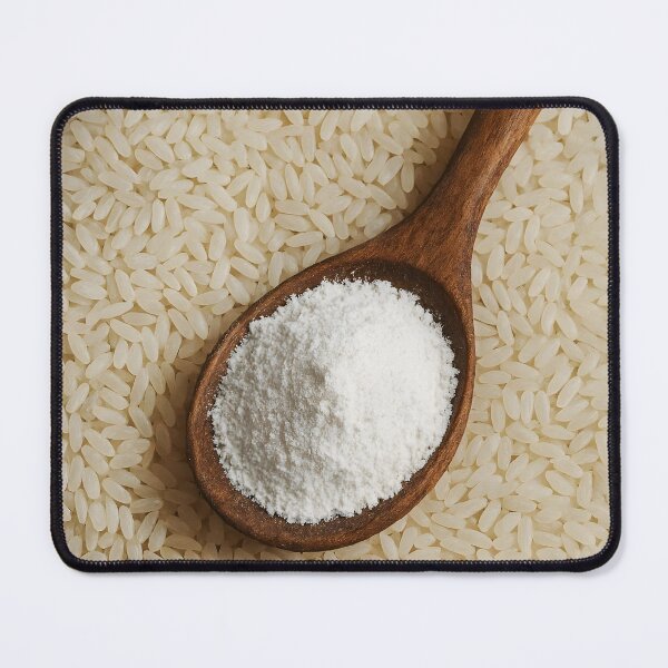 Item preview, White Rice Flour in Wooden Spoon Over Rice Grains – Rustic Ingredient Close-Up designed and sold by EmeraldeaArt.