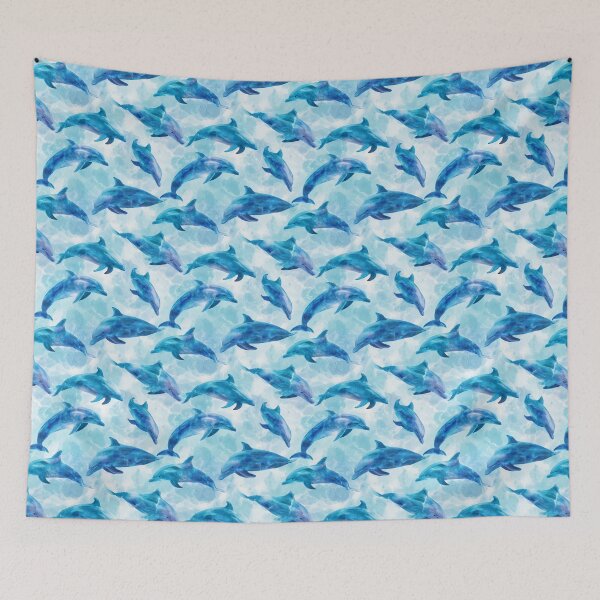 Item preview, Blue Watercolor Dolphins Seamless Ocean Pattern Art designed and sold by NicolasGlowArt.