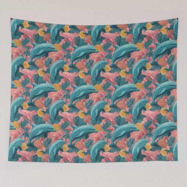 Item preview, Tropical Pink Teal Dolphin Ocean Life Pattern designed and sold by NicolasGlowArt.