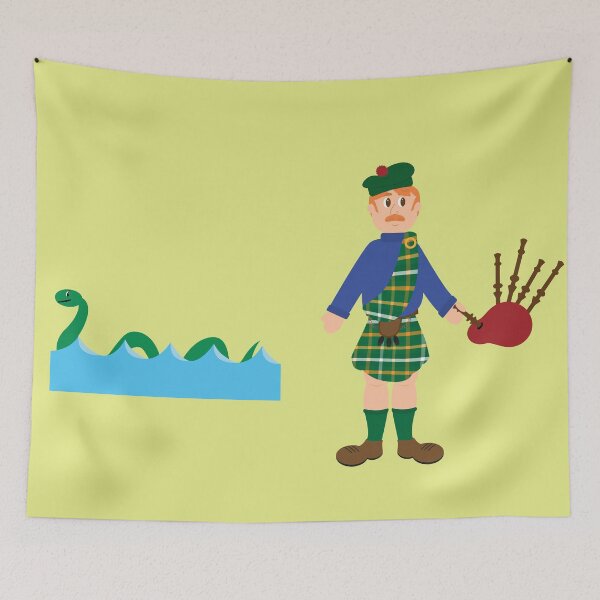 Item preview, Scottish with a bagpipe and with the typical costume of his clan and with the Loch Ness monster in the background. Ideal to give to your Scottish friend. designed and sold by Martapp.