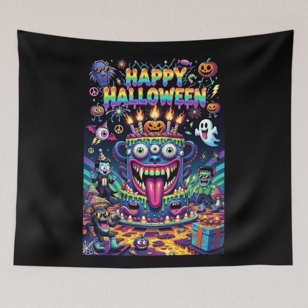Item preview, Happy Halloween Neon Monster Cake - Psychedelic Eyeball Skull Birthday Party designed and sold by David Brookes Digital.
