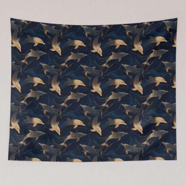 Item preview, Elegant Golden Dolphins Ocean Waves Pattern designed and sold by NicolasGlowArt.
