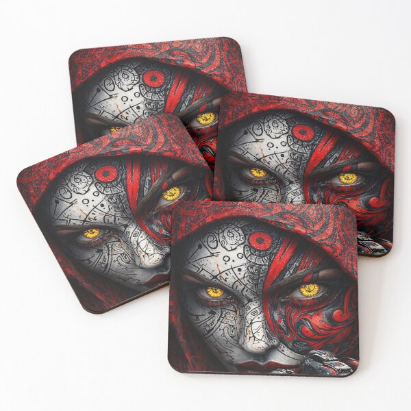 Item preview, Red Hood Warrior Mask with Glowing Golden Eyes Dark Fantasy Portrait designed and sold by Kaleidoscope Print.