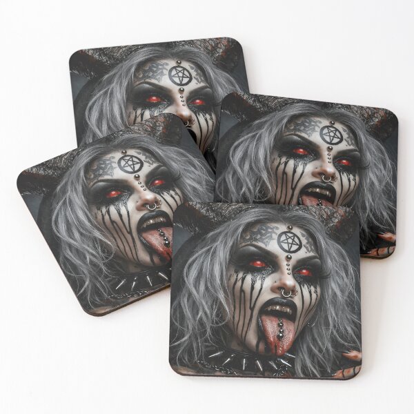 Item preview, Dark Demon Girl Portrait with Red Eyes Horns and Gothic Occult Makeup designed and sold by Kaleidoscope Print.