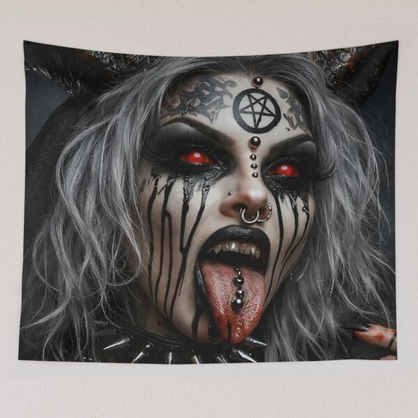Item preview, Dark Demon Girl Portrait with Red Eyes Horns and Gothic Occult Makeup designed and sold by Kaleidoscope Print.
